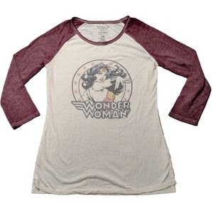 WONDER WOMAN Off-White Burgundy Burnout Raglan T-Shirt Women Size XS NEW